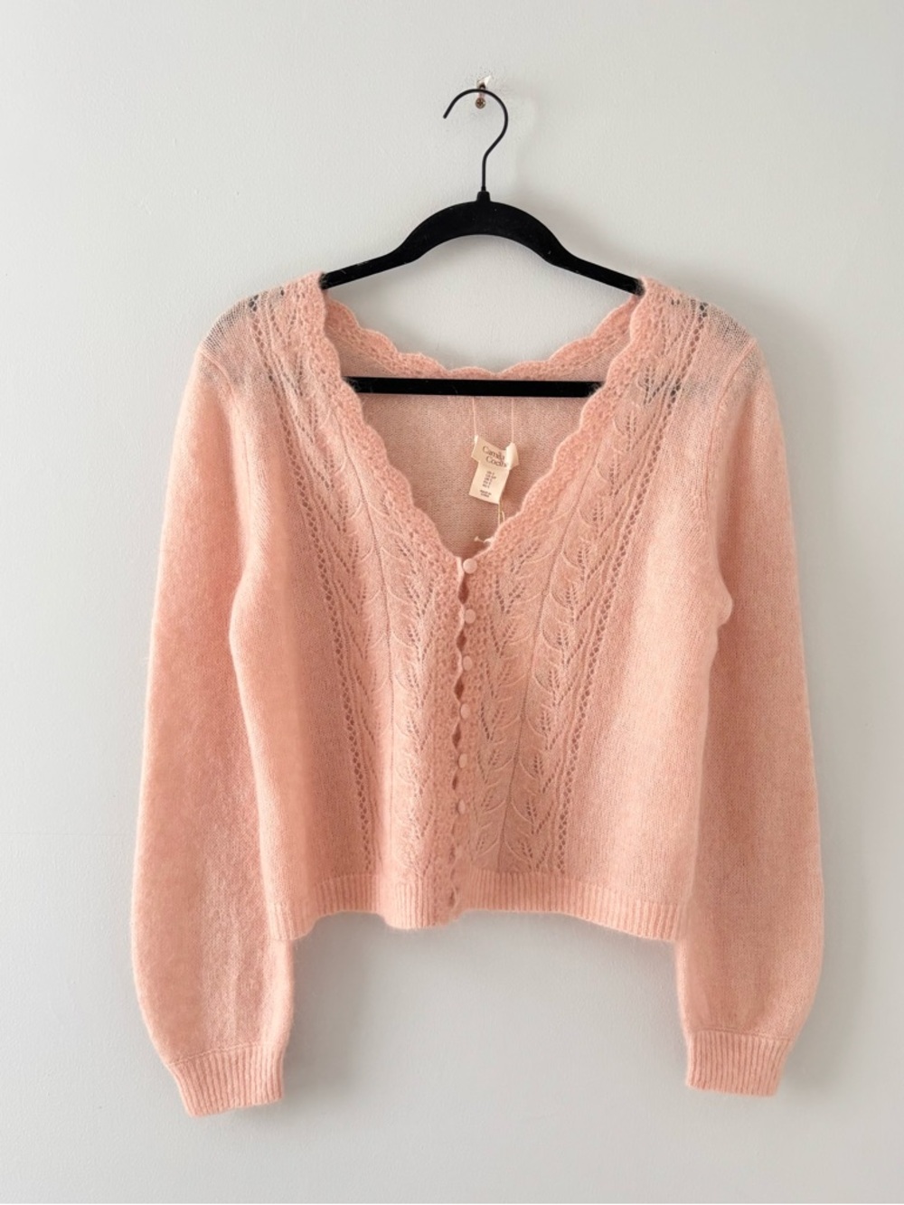 Camila Coelho NWT Wool Puff Sleeve V-Neck Cardigan Sweater Scallop Trim Revolve
